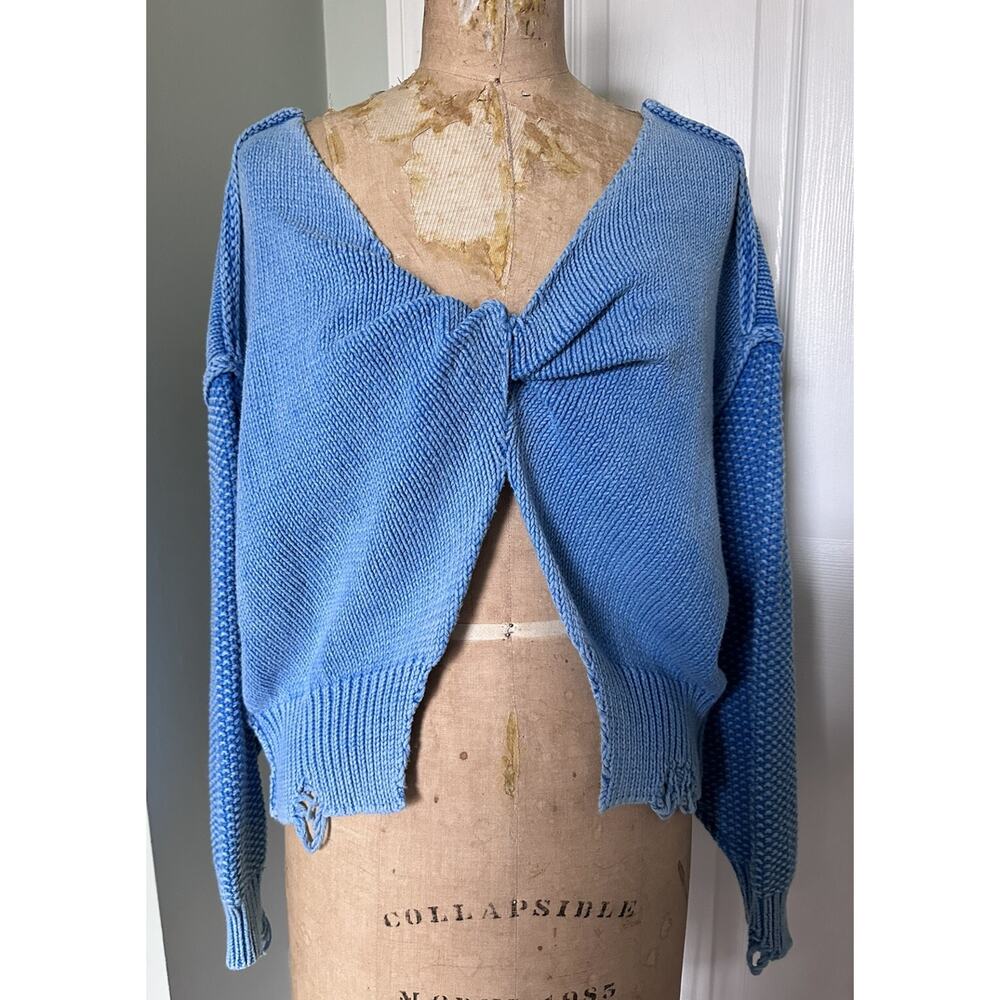 Wild fox cropped sweater Blue Cotton Distressed Cut Out Open Oversized Sz S
